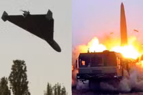 Mẫu UAV Shahed 136 và một vụ phóng tên lửa Iskander-M. Ảnh: MW.