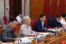 Tổng Bí thư Nguyễn Phú Trọng chủ trì cuộc họp của Bộ Chính trị và Ban Bí thư - ngày 7/4. Ảnh: Minh Lâm - TTXVN.