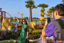 Người dân TP Huế chụp ảnh kỷ niệm với đường hoa xuân Nhâm Dần bên bờ sông Hương (ảnh Tuấn Hiệp)