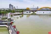 Một góc điểm checkin cầu Rồng và cá chép phun nước ở TP Đà Nẵng