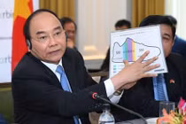 Thủ tướng Nguyễn Xuân Phúc dùng hình ảnh đôi giày để minh họa lợi nhuận của các nhà đầu tư Hoa Kỳ tại Việt Nam, ngày 30/5/2017. Ảnh: VGP/Quang Hiếu