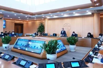 Toàn cảnh cuộc họp trực tuyến của UBND TP. Hà Nội với các quận, huyện, thị xã để triển khai quyết liệt các biện pháp phòng, chống dịch COVID-19 (Ảnh - Phú Khánh) 