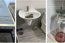 Một cơ sở chăm sóc da nhưng lại có các dụng cụ phẫu thuật đã qua sử dụng đặt trong bồn rửa tay, bên dưới là bình hút dịch có máu đỏ tươi. Chụp tại “Viện Thẩm mỹ Quốc tế Mộc Trà” ngày 11/3/2021 (Ảnh: SYT) 