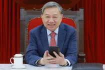 Tổng Bí thư Tô Lâm điện đàm với Tổng thống Mỹ Donald Trump từ Trụ sở Trung ương Đảng tối 4/4. Ảnh: TTXVN.