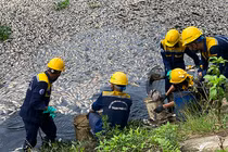 Công ty Thoát nước và Xử lý nước thải Đà Nẵng nỗ lực vớt cá chết tại hồ Hoà Phú.