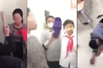 Hình ảnh cô giáo bị nhóm học sinh dồn vào góc lớp, ném dép (ảnh cắt từ clip).