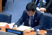 Người phụ trách Phái đoàn thường trực Triều Tiên tại Liên Hợp Quốc phát biểu bác bỏ thông tin của Hàn Quốc về Triều Tiên gửi quân hỗ trợ Nga (Ảnh: Yonhap)