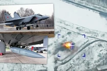MiG-31 mang tên lửa siêu thanh Kinzhal và vụ nổ do tên lửa tấn công hôm 18/3 (Ảnh: The Drive).