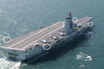 Vị trí lắp đặt các tổ hợp vũ khí chống người nhái trên tàu sân bay Phúc Kiến. Ảnh: QQnews.