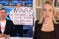 Marina Ovsyannikova (phải) và hình ảnh cô biểu tình trên sóng truyền hình trực tiếp tối 14/3 (Ảnh: Deutsche Welle).