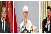 Bà Sherman hôm 26/7 đã có các cuộc gặp gỡ và hội đàm căng thẳng với các ông Vương Nghị (trái) và Tạ Phong tại Thiên Tân (Ảnh: Dwnews).