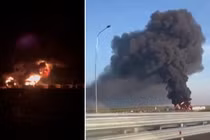 Kho dầu Zenit ở thành phố Kotelnich, tỉnh Kirov bị cháy nhiều giờ do bị UAV tấn công (Ảnh: The Guardian).