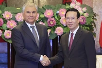 Chủ tịch nước Võ Văn Thưởng tiếp Chủ tịch Duma Quốc gia Nga Vyacheslav Viktorovich Volodin. (Ảnh: Thống Nhất/TTXVN)