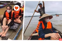 Ca sĩ Thuỷ Tiên lặn lội về cứu trợ bà con vùng bão lũ (Ảnh: FBNV - Hoà Bình ghép) 