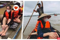 Ca sĩ Thuỷ Tiên lặn lội về cứu trợ bà con vùng bão lũ (Ảnh: FBNV - Hoà Bình ghép) 
