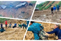 Thảm cảnh tan hoang sau vụ lở núi Phước Sơn sáng nay (Ảnh: Hoà Bình ghép)