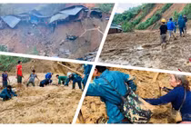 Thảm cảnh tan hoang sau vụ lở núi Phước Sơn sáng nay (Ảnh: Hoà Bình ghép)