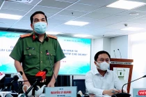 Đại tá Nguyễn Sỹ Quang Phó GĐ Công an TPHCM tại cuộc họp báo khẩn, cung cấp thông tin khởi tố vụ án hình sự “Lây lan dịch bệnh truyền nhiễm nguy hiểm cho người” (Ảnh: Hoà Bình)