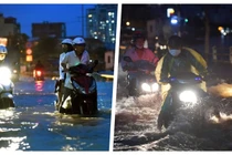 Hiện tượng triều cường dâng cao gây khó khăn cho giao thông TP.HCM vào thời điểm 18 giờ (Ảnh: HB ghép)