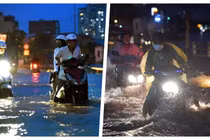 Hiện tượng triều cường dâng cao gây khó khăn cho giao thông TP.HCM vào thời điểm 18 giờ (Ảnh: HB ghép)