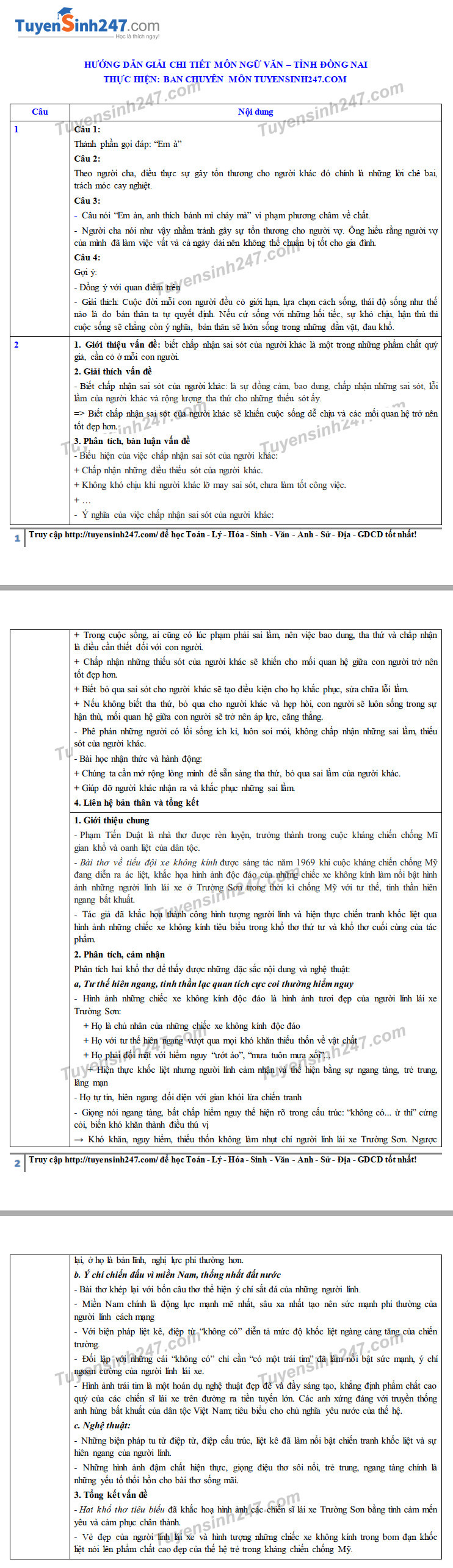 Đáp án tham khảo đề thi tuyển sinh vào lớp 10 môn Ngữ Văn tỉnh Đồng Nai năm 2020. Nguồn: TTHN