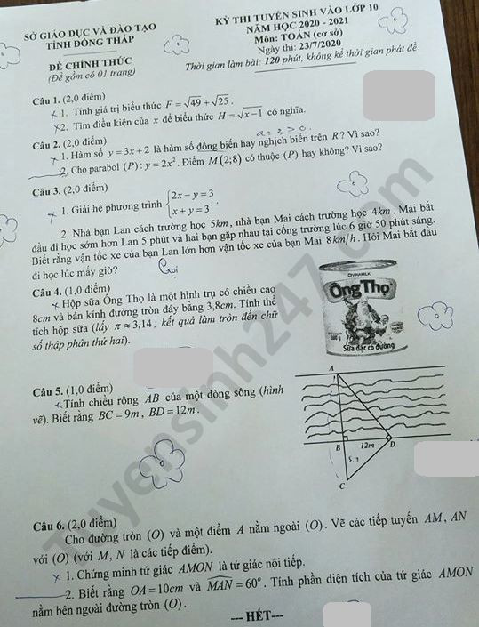 Đề thi tuyển sinh vào lớp 10 môn Toán tỉnh Đồng Tháp năm 2020. Nguồn: TTHN