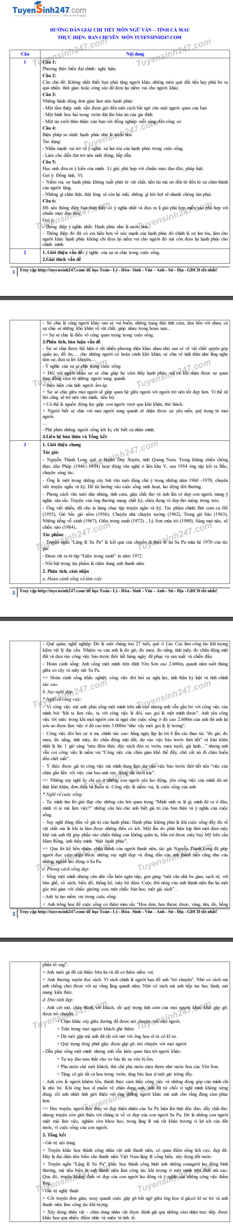 Đáp án tham khảo đề thi tuyển sinh vào lớp 10 môn Ngữ Văn tỉnh Cà Mau năm 2020. Nguồn: TTHN
