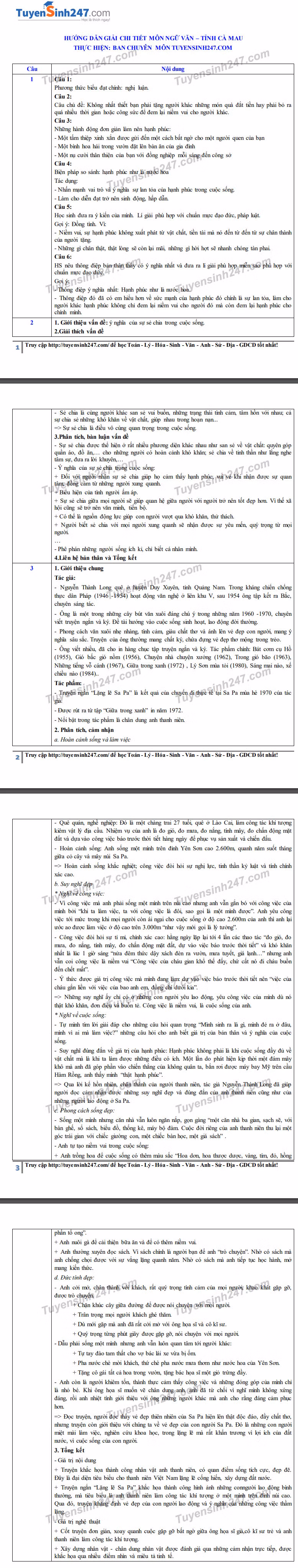 Đáp án tham khảo đề thi tuyển sinh vào lớp 10 môn Ngữ Văn tỉnh Cà Mau năm 2020. Nguồn: TTHN