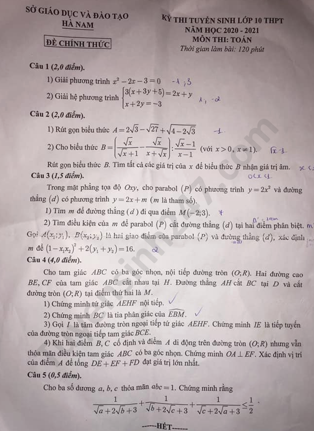 Đề thi tuyển sinh vào lớp 10 môn Toán tỉnh Hà Nam năm 2020. Nguồn: TTHN