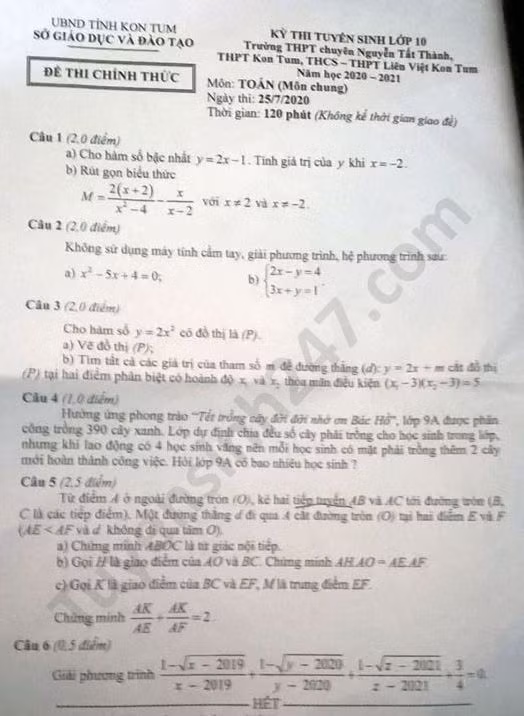Đề thi tuyển sinh vào lớp 10 môn Toán tỉnh Kon Tum năm 2020. Nguồn: TTHN