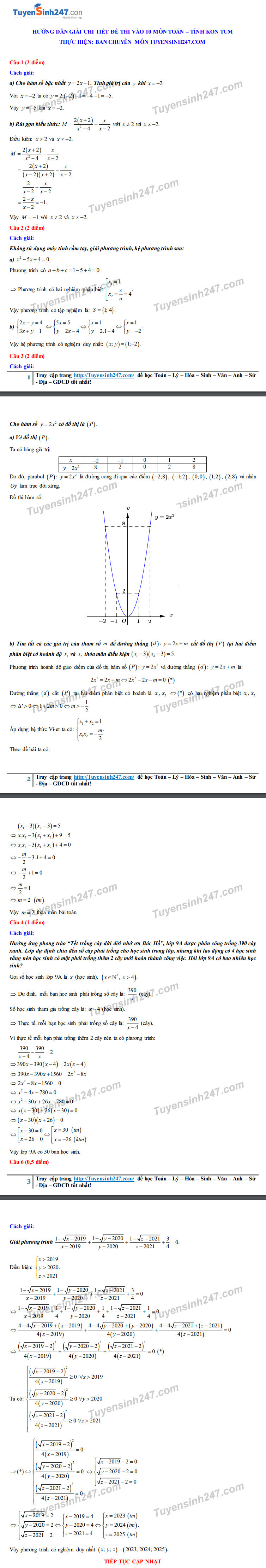 Đáp án tham khảo đề thi tuyển sinh vào lớp 10 môn Toán tỉnh Kon Tum năm 2020. Nguồn: TTHN