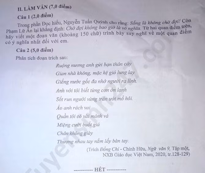 Đề thi tuyển sinh vào lớp 10 môn Ngữ Văn TP Cần Thơ năm 2020. Nguồn: TTHN