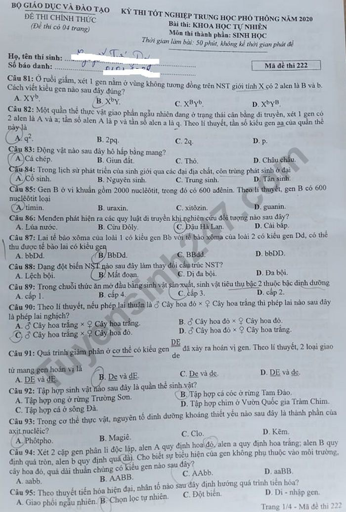 Đề thi tốt nghiệp THPT năm 2020 môn Sinh học mã đề 222. Nguồn: TTHN