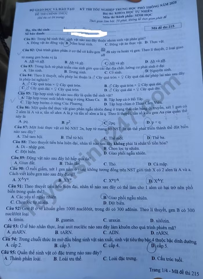Đề thi tốt nghiệp THPT năm 2020 môn Sinh học mã đề 215. Nguồn: TTHN