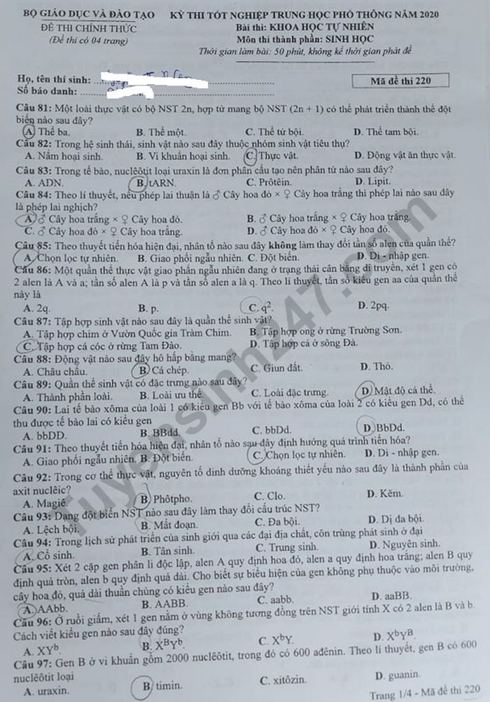 Đề thi tốt nghiệp THPT năm 2020 môn Sinh học mã đề 220. Nguồn: TTHN