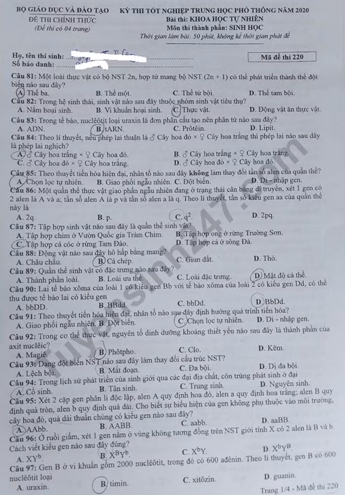 Đề thi tốt nghiệp THPT năm 2020 môn Sinh học mã đề 220. Nguồn: TTHN