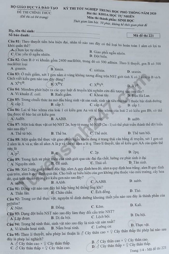 Đề thi tốt nghiệp THPT năm 2020 môn Sinh học mã đề 221. Nguồn: TTHN