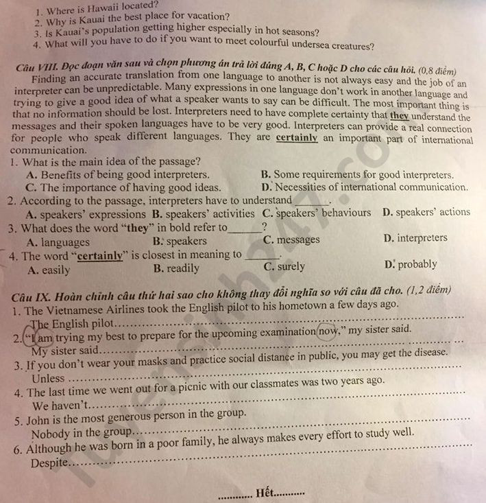 Đề thi tuyển sinh vào lớp 10 môn Tiếng Anh tỉnh Phú Thọ năm 2020. Trang 3/4. Nguồn: TTHN