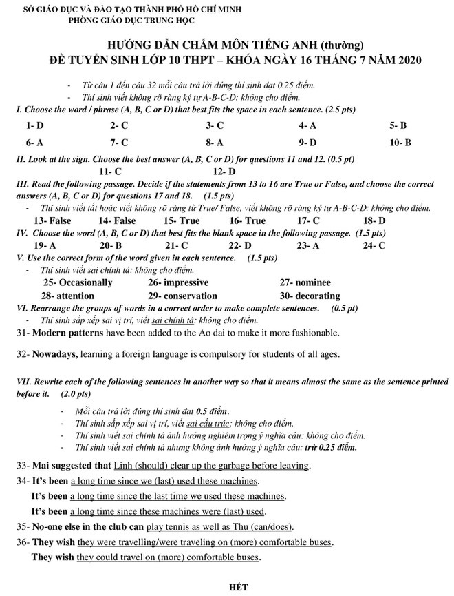 Sở GD-ĐT TP.HCM công bố đáp án đề thi tuyển sinh vào lớp 10 môn Tiếng Anh TP.HCM năm 2020