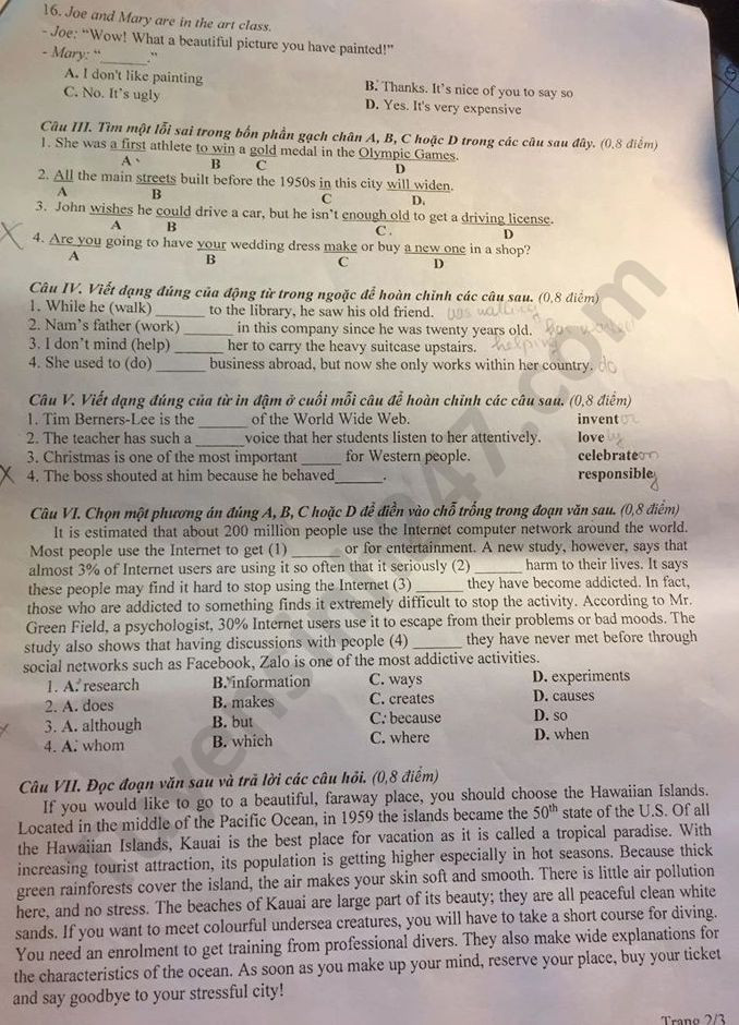 Đề thi tuyển sinh vào lớp 10 môn Tiếng Anh tỉnh Phú Thọ năm 2020. Trang 2/3. Nguồn: TTHN