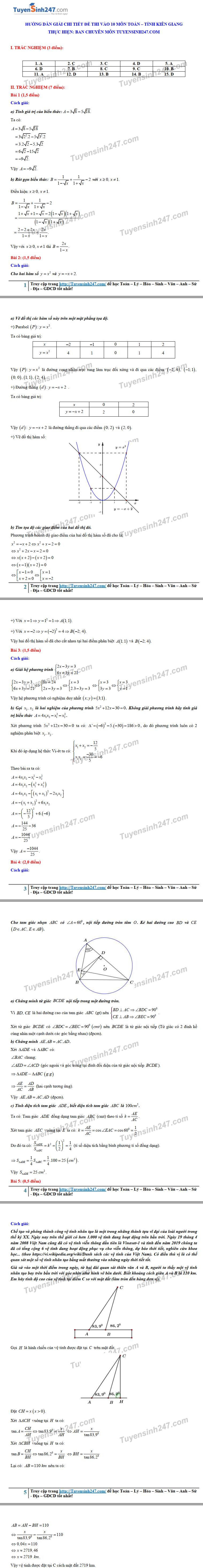 Đáp án tham khảo đề thi tuyển sinh vào lớp 10 môn Toán tỉnh Kiên Giang năm 2020. Nguồn: TTHN