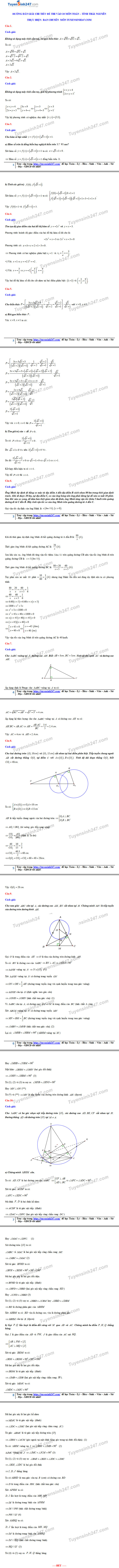Đáp án tham khảo đề thi tuyển sinh vào lớp 10 môn Toán tỉnh Thái Nguyên năm 2020. Nguồn: TTHN