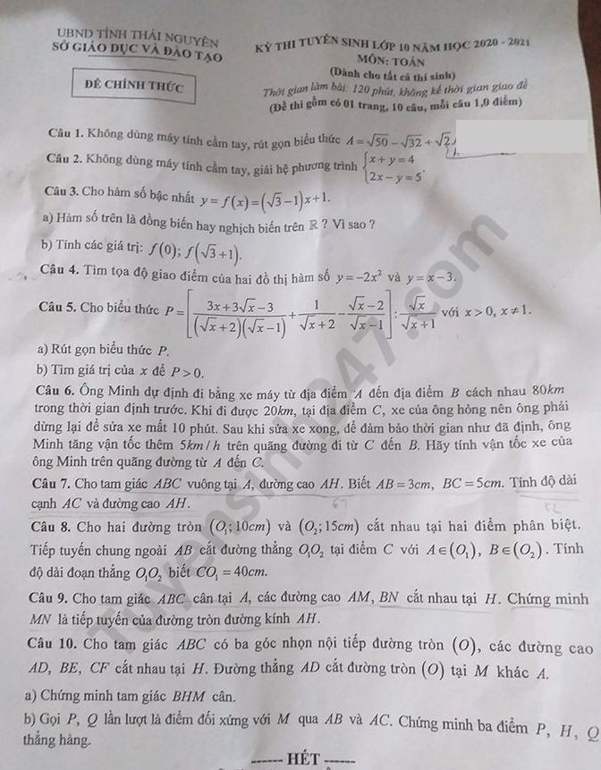 Đề thi tuyển sinh vào lớp 10 môn Toán tỉnh Thái Nguyên năm 2020