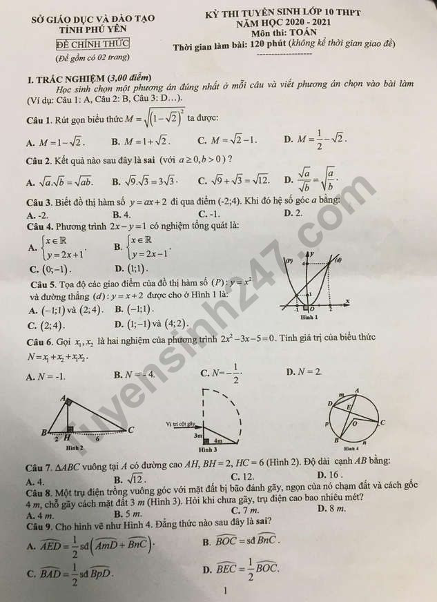 Đề thi tuyển sinh vào lớp 10 môn Toán tỉnh Phú Yên năm 2020. Nguồn: TTHN