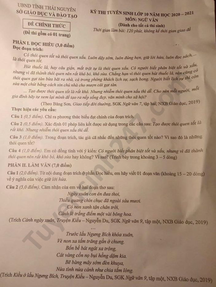 Đề thi tuyển sinh vào lớp 10 môn Ngữ Văn tỉnh Thái Nguyên năm 2020. Nguồn: TTHN