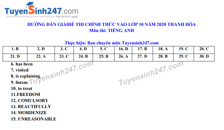 Đáp án tham khảo đề thi tuyển sinh vào lớp 10 môn Tiếng Anh tỉnh Thanh Hóa năm 2020. Nguồn: TTHN
