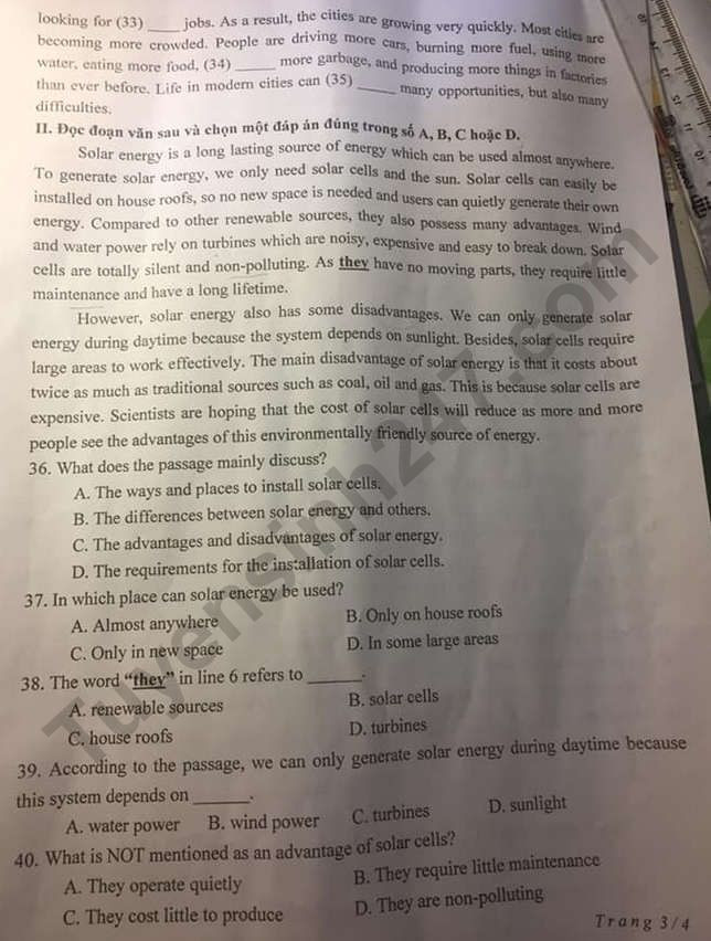 Đề thi tuyển sinh vào lớp 10 môn Tiếng Anh tỉnh Thanh Hóa năm 2020. Trang 3/4. Nguồn: TTHN
