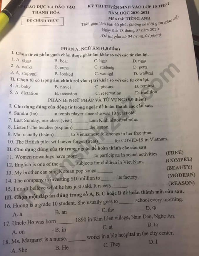 Đề thi tuyển sinh vào lớp 10 môn Tiếng Anh tỉnh Thanh Hóa năm 2020. Trang 1/4. Nguồn: TTHN