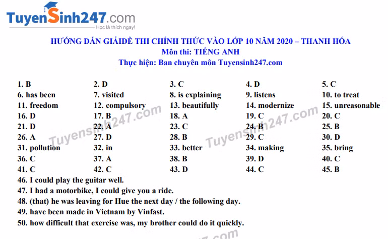 Đáp án tham khảo đề thi tuyển sinh vào lớp 10 môn Tiếng Anh tỉnh Thanh Hóa năm 2020. Nguồn: TTHN