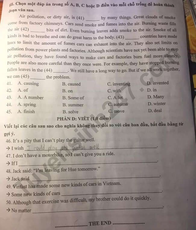 Đề thi tuyển sinh vào lớp 10 môn Tiếng Anh tỉnh Thanh Hóa năm 2020. Trang 4/4. Nguồn: TTHN
